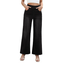 Pantalon Large en Jean  Taille pour Femme, Taille Haute, Amincissant, Multi-Poches, Coupe Droite, Ample, Décontracté Noir XS