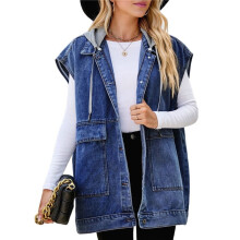 Gilet en Jean Sans Manches pour Femme avec Capuche Amovible Bleu Profond L