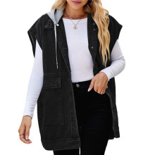 Gilet en Jean Sans Manches pour Femme avec Capuche Amovible Noir Gris XS