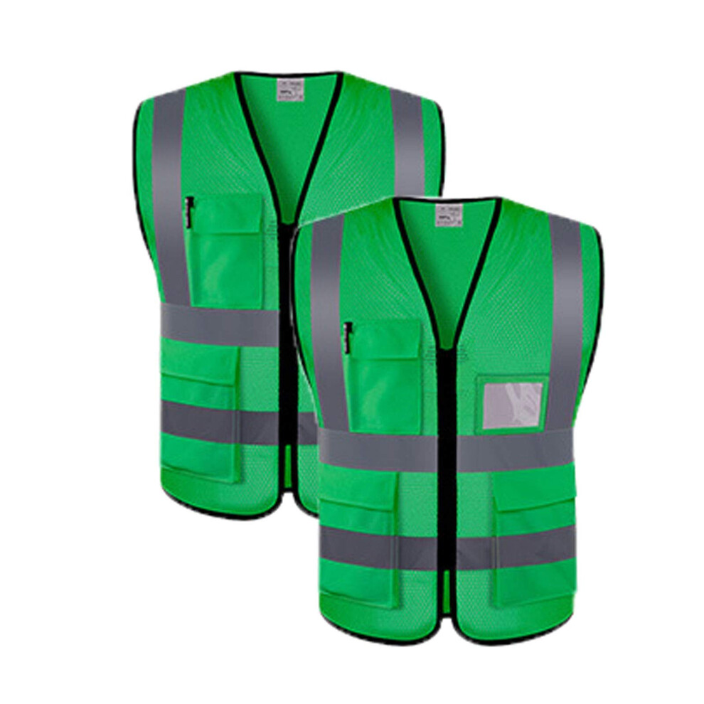 2 Pack Reflective Safety Vest With Pockets And Zipper, Visibility Work Vest With Armbands, Green L 9310869676942