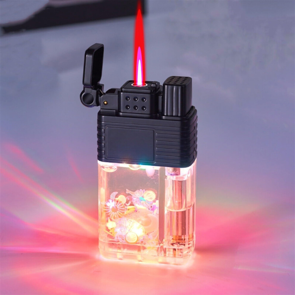 Transparent Butane Torch Lighter with Visible Fuel Window, Windproof Jet Flame, LED Light, Black