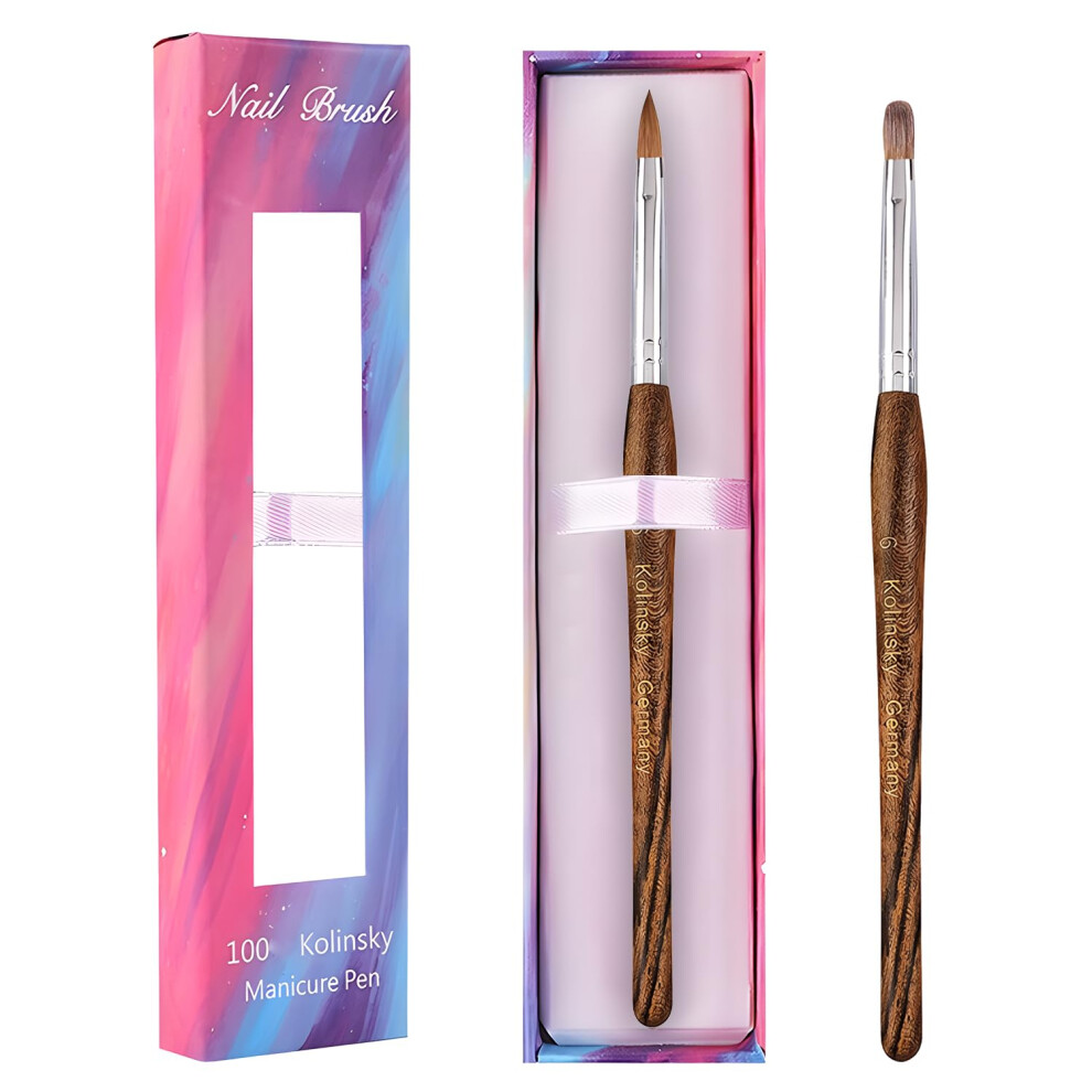 Kolinsky Acrylic Nail Brush Size 6 for Precise Acrylic Application, Professional Nail Art Brush with Ergonomic Wooden Handle