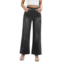 Pantalon Large en Jean  Taille pour Femme, Taille Haute, Amincissant, Multi-Poches, Coupe Droite, Ample, Décontracté Gris XS