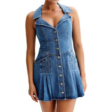 Women'S Sleeveless Denim Dresses Chic Single Breasted Ruffed Hem  Length Dress  M