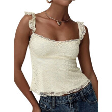 Women Lace Babydoll Tank Top Cap Sleeve See Throught Y2k Summer Going Out Crop Tops Apricot S