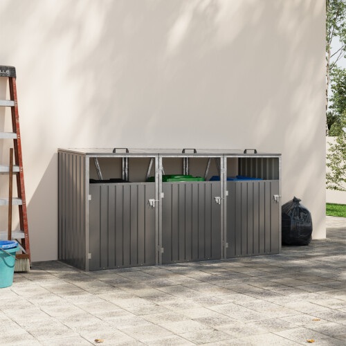 Garden Metal 3 Bin Storage Shed Garbage Can Storage, Grey 1