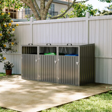 Garden Metal 3 Bin Storage Shed Garbage Can Storage, Grey