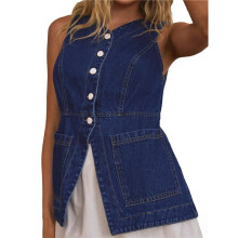Gilet en Jean Extensible Sans Manches pour Femme, Boutonné, Décontracté, Style Western, avec Poche Bleu Foncé M