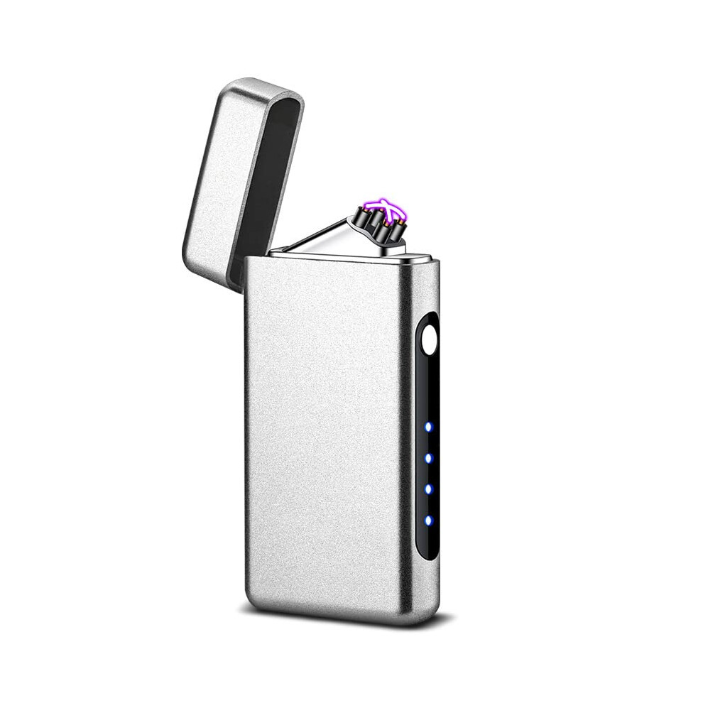 Silver Electric Arc Lighter Usb Typec Rechargeable Windproof Flameless Plasma Ignition With Safety Lock Gift Box