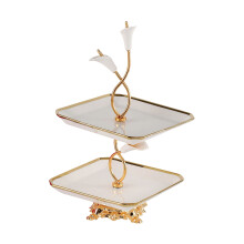 Two Tiers White Ceramic Serving Plate With Gold Edges-square