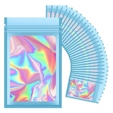 100 Pack Blue Smell Proof Bags, Resealable Holographic Pouches with Clear Window for Storage