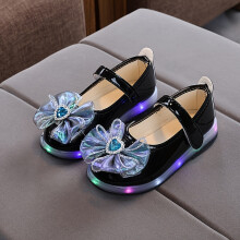 (Black, 4.5 Toddler) LED Glowing Mary Jane Shoes for Girls, Flat Princess Shoes with Rhinestone Bow And Round Toe Ballet Shoes,