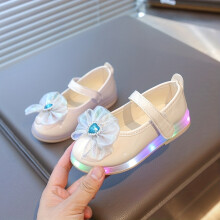 (White, 7 Toddler) LED Glowing Mary Jane Shoes for Girls, Flat Princess Shoes with Rhinestone Bow And Round Toe Ballet Shoes,