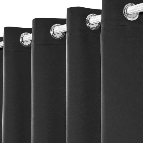 (GREY, 66"x54") Thermal Blackout Eyelet Ring Top Curtains Pair + Tie Back 1