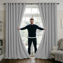 (SILVER. 66"x54") Thermal Blackout Eyelet Ring Top Curtains Pair + Tie Back