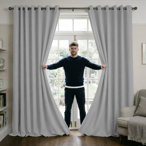 (SILVER. 66"x54") Thermal Blackout Eyelet Ring Top Curtains Pair + Tie Back