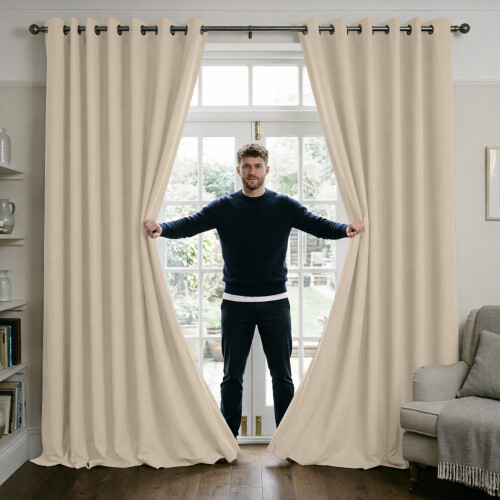 (CREAM, 66" Width x 54" Drop) Thermal Blackout Eyelet Ring Top Curtains Pair + Tie Back