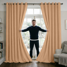 (BEIGE, 66" Width x 72" Drop) Thermal Blackout Eyelet Ring Top Curtains Pair + Tie Back