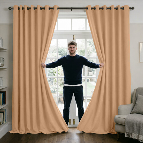 (BEIGE, 66" Width x 72" Drop) Thermal Blackout Eyelet Ring Top Curtains Pair + Tie Back