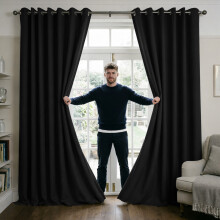 (BLACK, 66" Width x 90" Drop) Thermal Blackout Eyelet Ring Top Curtains Pair + Tie Back