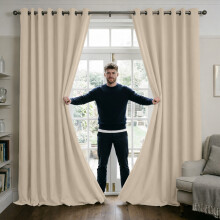 (CREAM, 66" Width x 90" Drop) Thermal Blackout Eyelet Ring Top Curtains Pair + Tie Back
