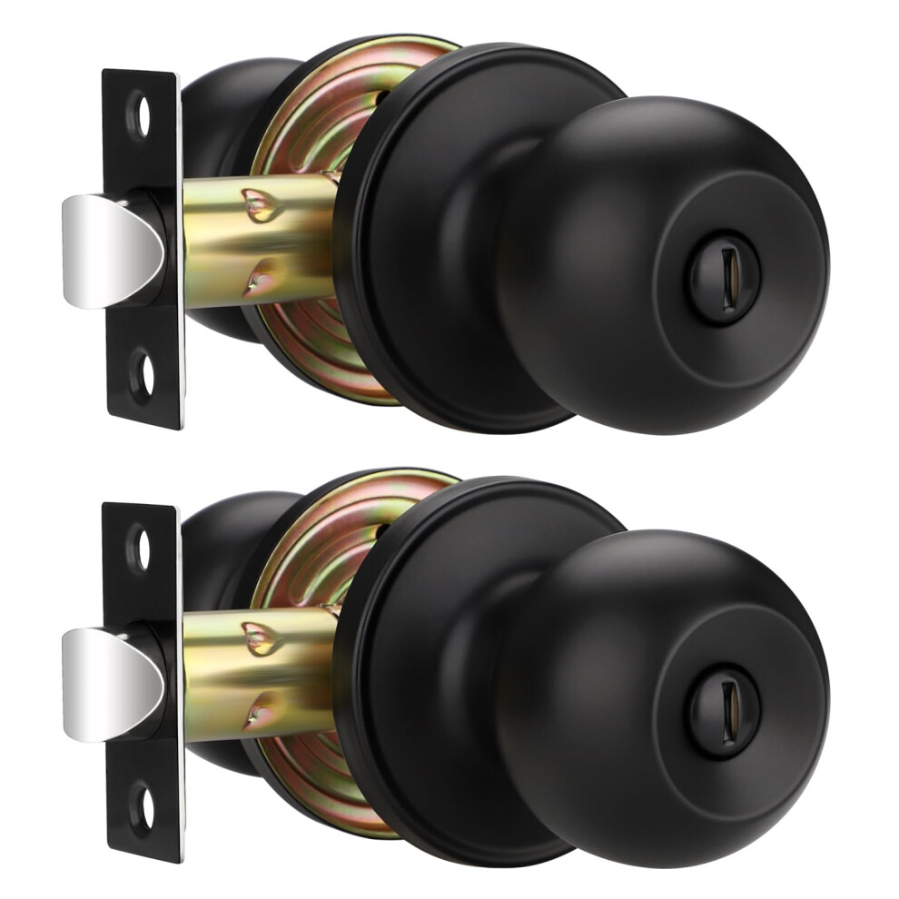 2 Pack Matte Black Interior Door Knob With Lock, Keyless Privacy Door Knob For Bedroom Bathroom 9330225672777