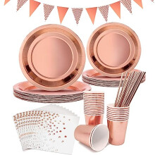 Rose Gold Party Supplies Disposable Tableware Set for 25 Guests with Plates Cups Napkins for Birthday Wedding