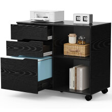 3 Drawer File Cabinet with Adjustable Shelves and Locking Casters, Sturdy Printer Stand for Home Office, Black