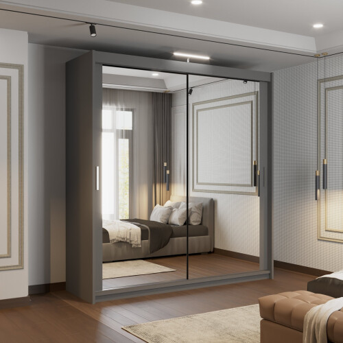 (180cm, Grey) Mirrored Sliding Door Wardrobe
