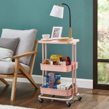 Rolling Utility Cart Pink 3 Tier Storage Cart with Tabletop Detachable Hanging Cups and Lockable Wheels