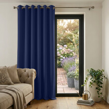 (NAVY, 66" Width x 84" Drop) Thermal Blackout Eyelet Ring Top Curtains Pair + Tie Back