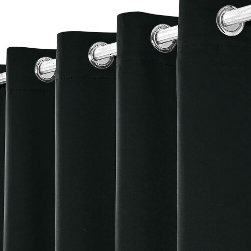 (BLACK, 66" Width x 84" Drop) Thermal Blackout Eyelet Ring Top Curtains Pair + Tie Back 2