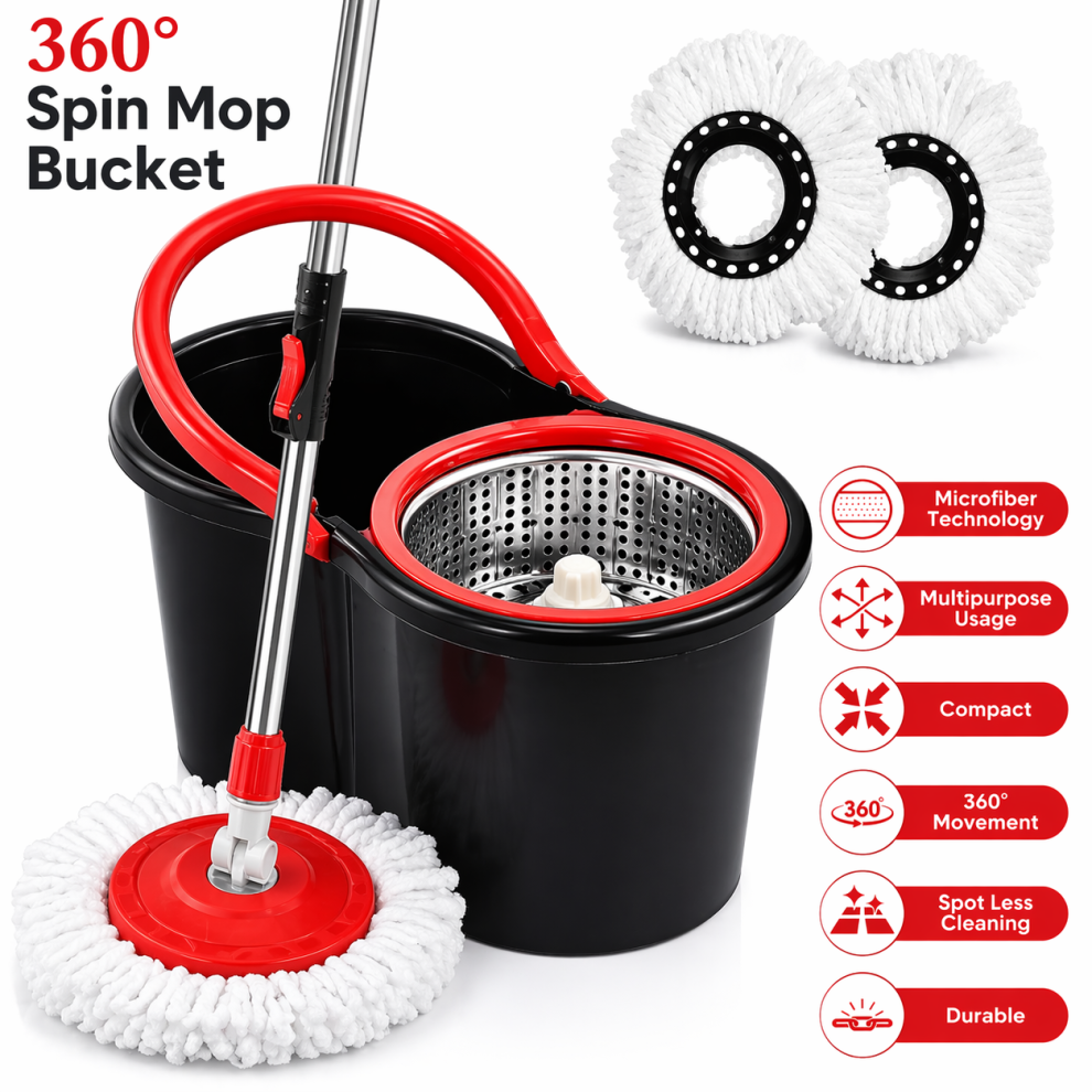 360° FLOOR MAGIC SPIN MOP BUCKET SET PREMIUM ROTATING DRY HEADS WITH 2 HEADS