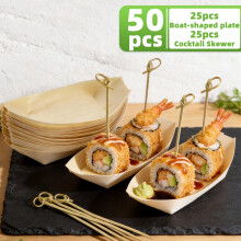 Disposable Wooden Service Boats | 6.69-inch Party Plates for Appetizers, Sushi, Desserts, Self-Service, Outdoor Garden, Birthday