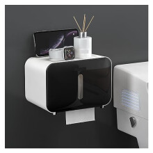 Wall Mounted Tissue Box, NoDrill Toilet Paper Holder with Shelf and Drawer, Black Bathroom Storage
