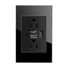 USB Wall Outlet with 2.1A USB C Ports, Black Tempered Glass Panel, Flame Retardant and Easy Install