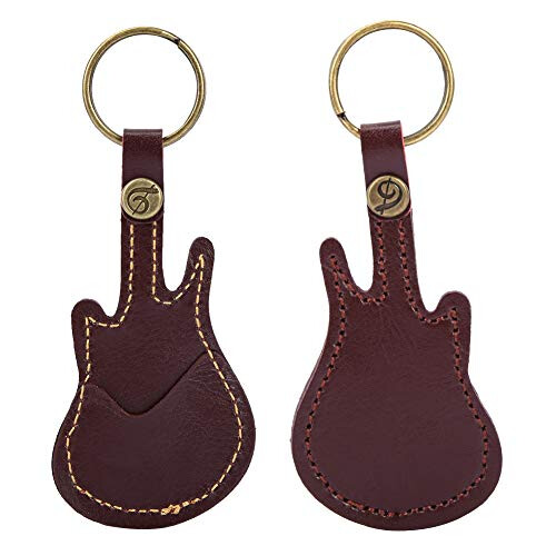 Leather Guitar Pick Holder with Brass Keyring, Compact Secure Case Includes 5 Plectrums, Brown 1
