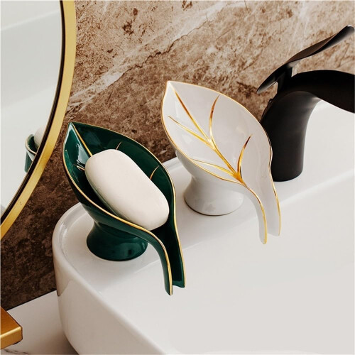 Self Draining Ceramic Soap Dish Gray  Automatic Drain Design Wall Mounted Holder for Bathroom and Kitchen 2