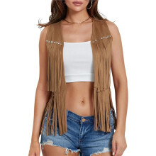 Gilet Sans Manches à Franges Style Hippie Années 70 pour Femme, Style Western, Style BohÚme, avec Rivets en Faux Daim, Ouvert sur le Devant. Jaune