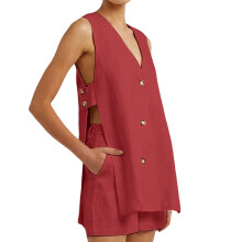 Cotton Sets for Women 2 Piece Side Button Down V-Burgundy L