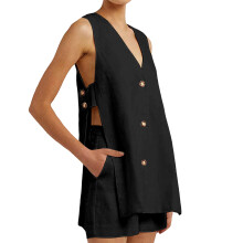 Cotton Sets for Women 2 Piece Side Button Down V Neck-Black M