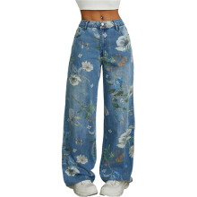 Pantalon Taille Haute Vintage à Fleurs et Coupe Droite pour Femme, Pantalon D'Été Décontracté en Denim Bleu M
