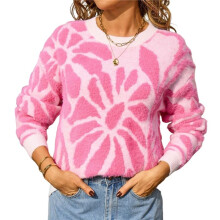 Women'S Fuzzy Knit Sweater Crew Neck Long Sleeve Floral Pullover Sweaters Soft Cozy Loose Fit Fall Winter Top S