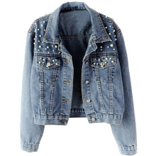 Women Oversized Denim Jacket Embroidered Pearls- Beading Jeans Coat S