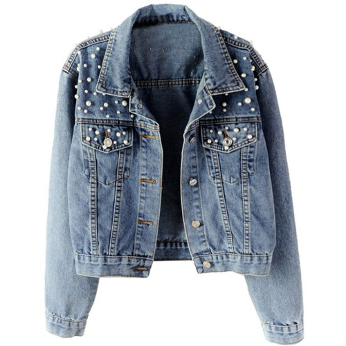 Women Oversized Denim Jacket Embroidered Pearls- Beading Jeans Coat  S