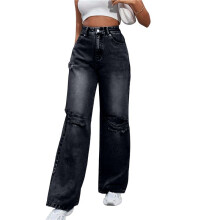 Jean Déchiré pour Femme, Taille Haute, Effet Usé, Ample, Droit, Jambes Larges Gris Foncé S