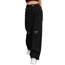 Jean Déchiré pour Femme, Taille Haute, Effet Usé, Ample, Droit, Jambes Larges Noir S
