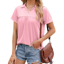T-shirts femme, col en v, décontracté, revers, manches-Rose XL