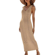 Women'S Long Crochet Beach Cover- Swimsuit Mesh Swimsuit Beach Long Sleeveless Dress Summer Khaki L