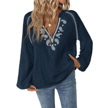 Women'S Boho Tops Long Sleeve V Neck Embroidery Blouse Linen Shirt Navy XXL